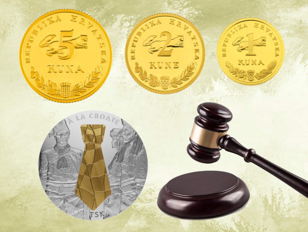Obrnuta aukcija komplet četiri zlatnika i srebrnjak, 1 kuna, 2 kune 5 kuna, zlatnik i srebrnjak Konturna kravata
