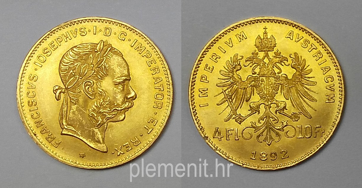 Zlatnik 4 florina 10 franaka Franciscvs Iosephvs 1892 restrike