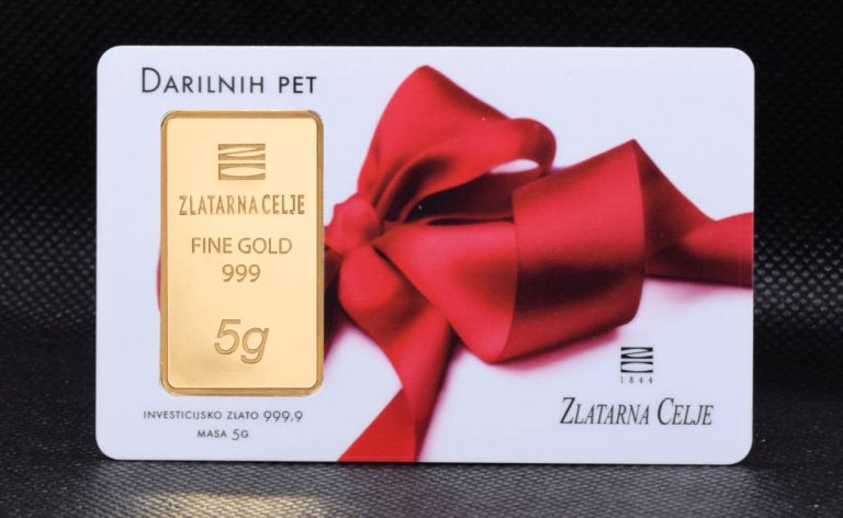 Zlatna poluga 5 grama Zlatarna Celje Darilnih pet u poklon kutiji, za dar i darivanje