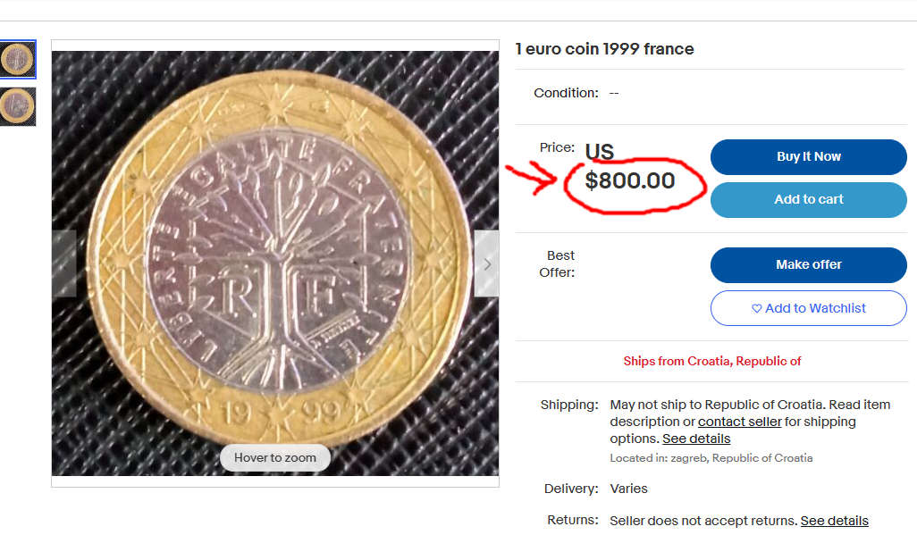 Euro kovanica prijevara Ebay