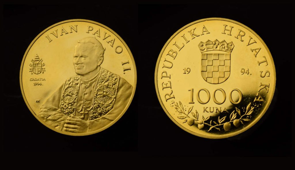 Zlatnik 1000 kuna Papa Ivan Pavao II u ukrasnoj poklon kutiji za dar i poklon