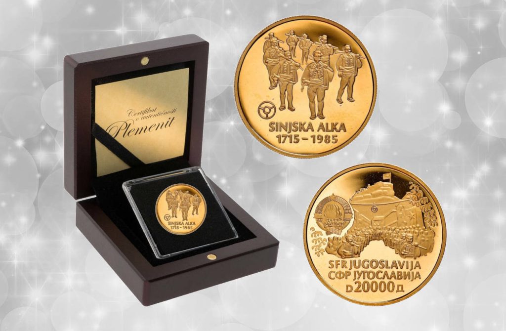 Zlatnik 20000 dinara Sinjska alka, viteška igra, u ukrasnoj drvenoj poklon kutiji, SFR Jugoslavija, 8 grama