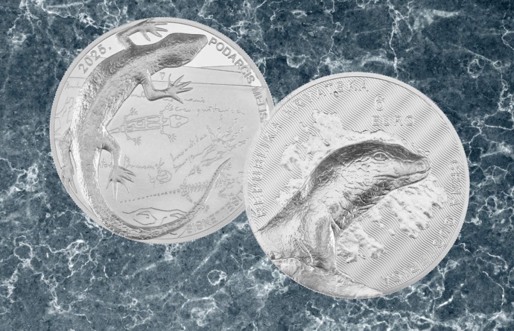 Srebrnjak 6 EUR Crna gušterica 2 oz, ultravisok reljef, Hrvatska, 2025, prednja i zadnja strana