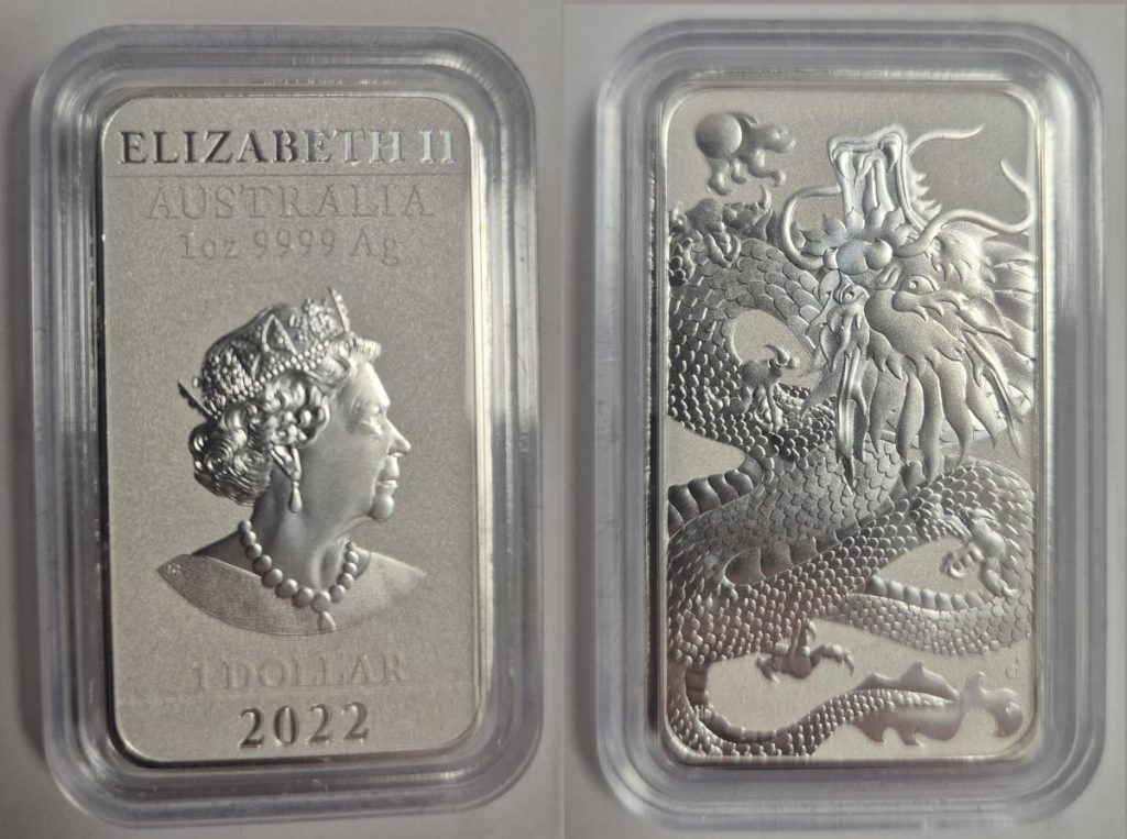 Srebrna poluga Kineska godina zmaja, Kraljica Elizabeth, 1 unca, 1 australski dolar, Australija, 2022