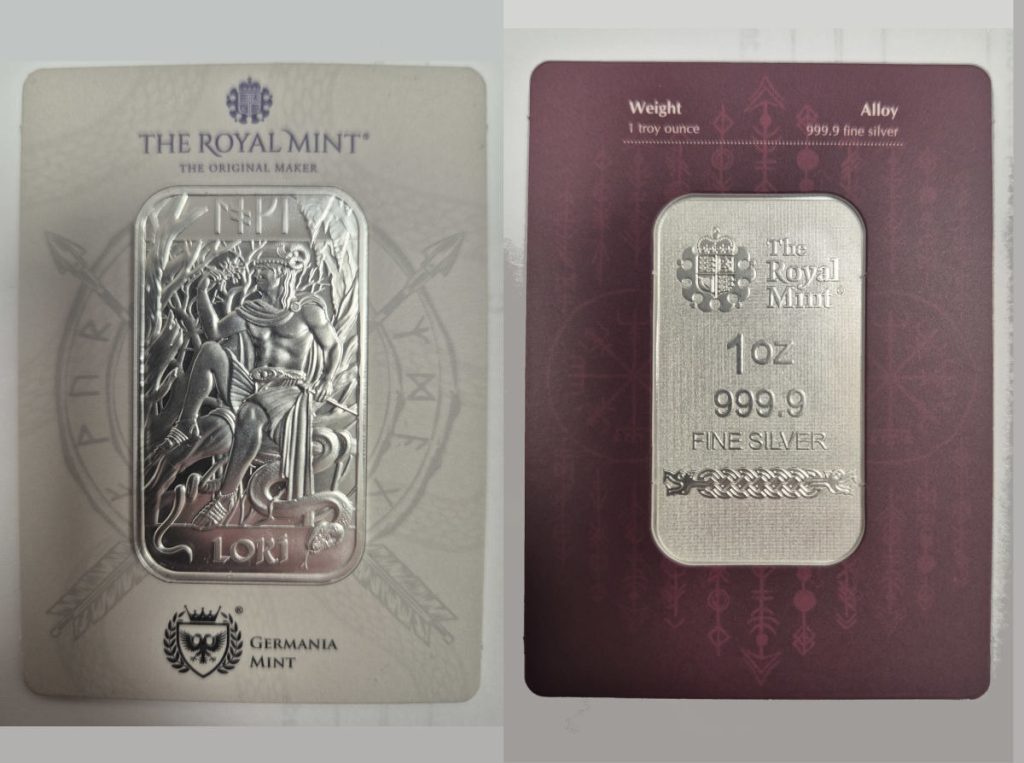 Srebrna poluga Lori, The Royal Mint i Germania Mint, 1 unca (31.103 grama)