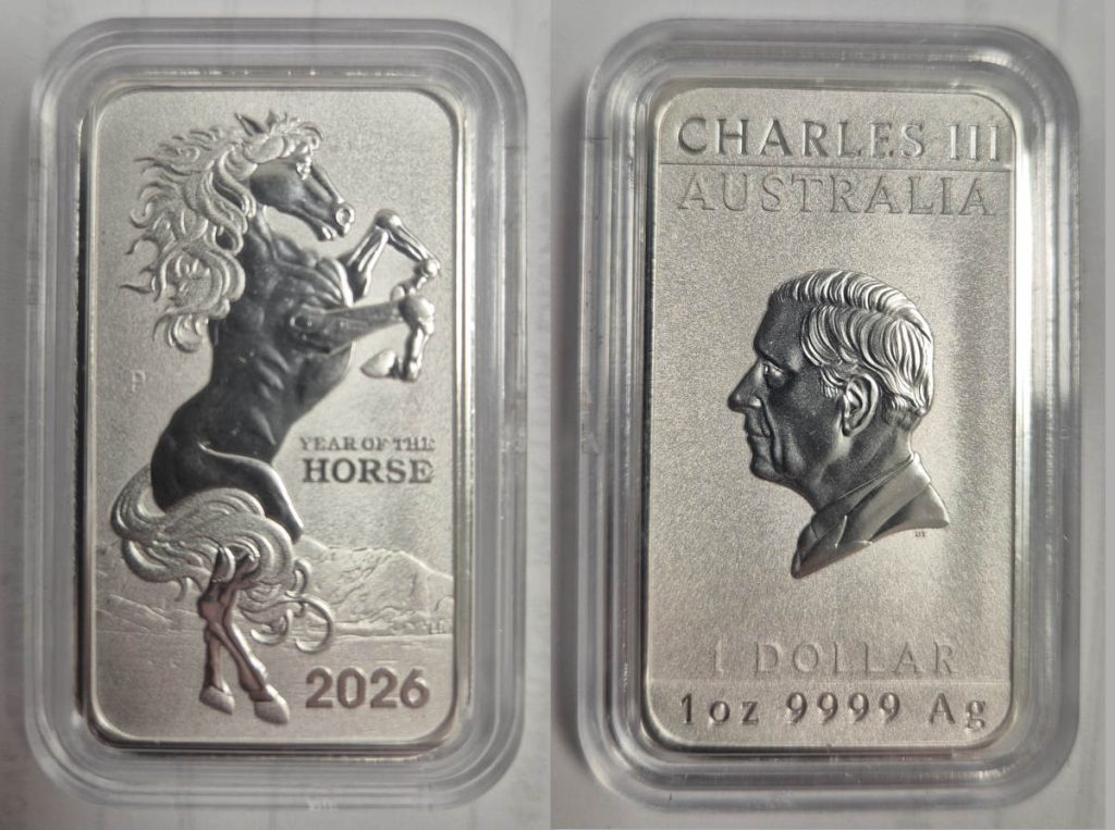 Srebrna poluga Kineska godina konja, kralj Charles III, 1 unca (31,103 grama), 1 australski dolar, Australija