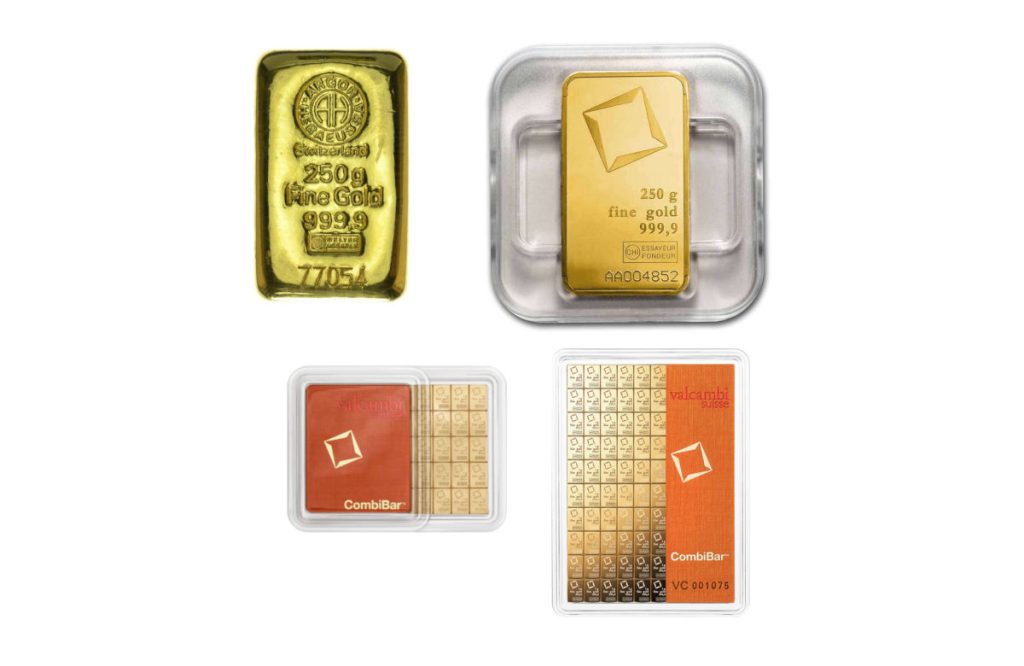 Četiri zlatne poluge u akciji: 250g, 250g kovana, 50x1g Combibar, 100x1g Combibar