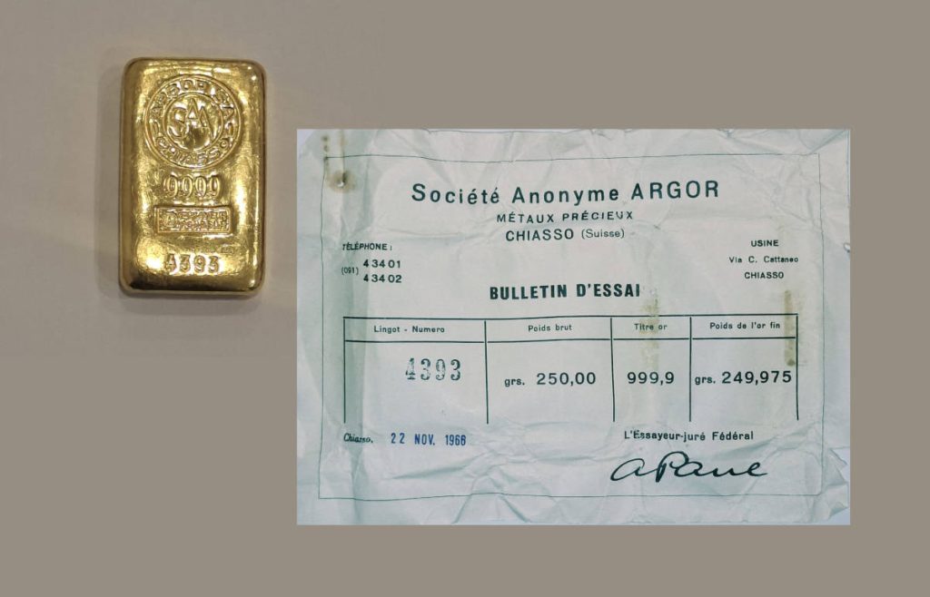 Zlatna poluga 250 grama Argor iz 1966. godine s originalnim tvorničkim certifikatom