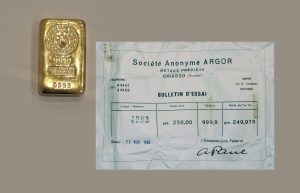 Zlatna poluga 250 grama Argor iz 1966. godine s originalnim tvorničkim certifikatom